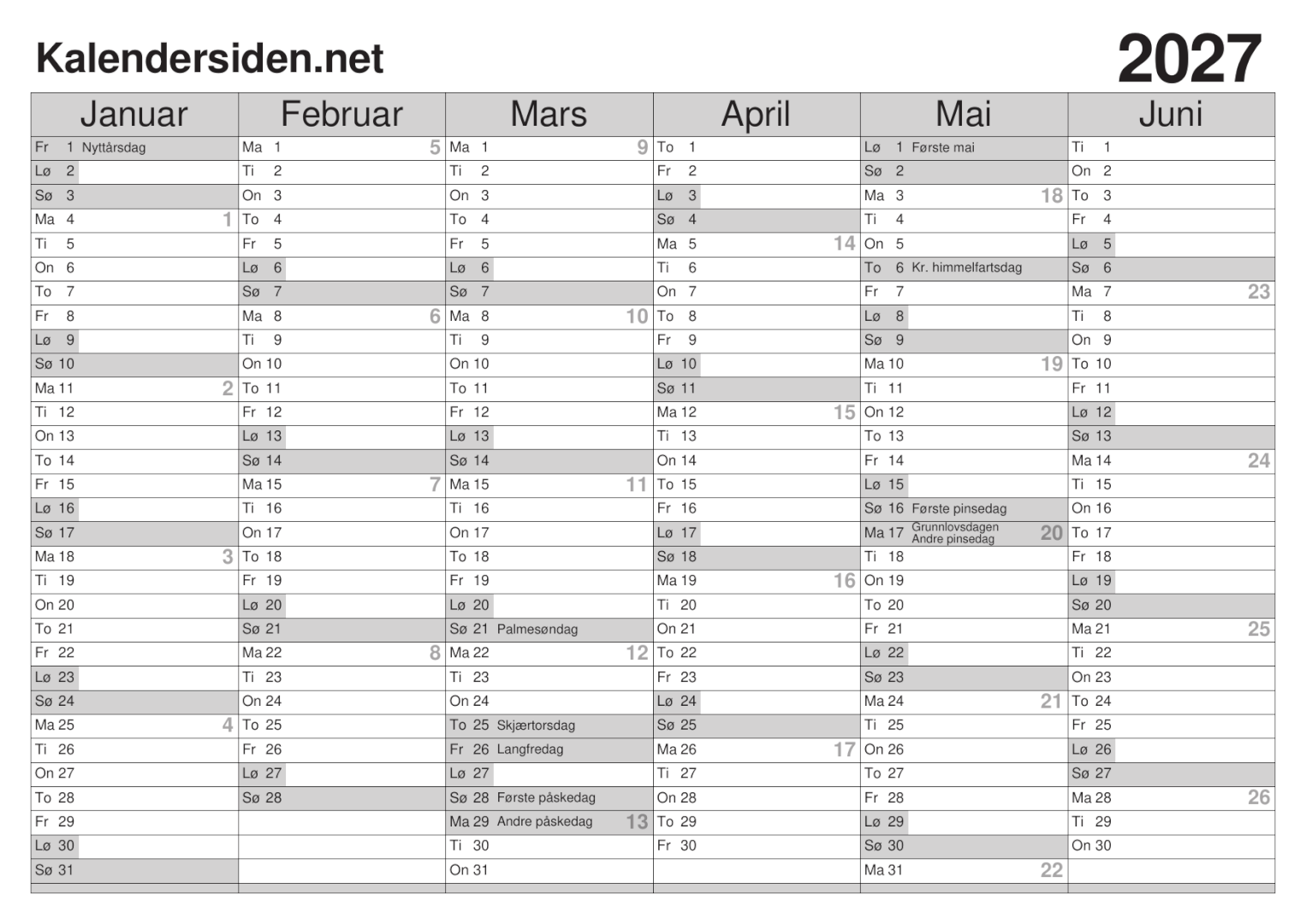 Kalender 2027